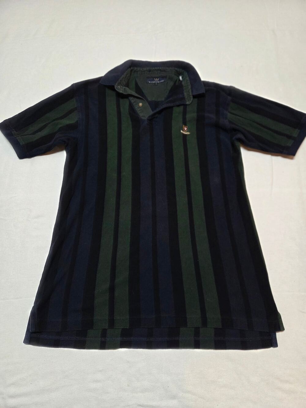 Striped Short-Sleeve Polo in Navy & Forest Green Size L